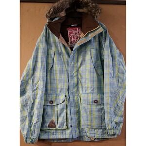 Burton Apres Ski Snowboarding Jacket Plaid Mens Large Hood Fur Neon Green Blue